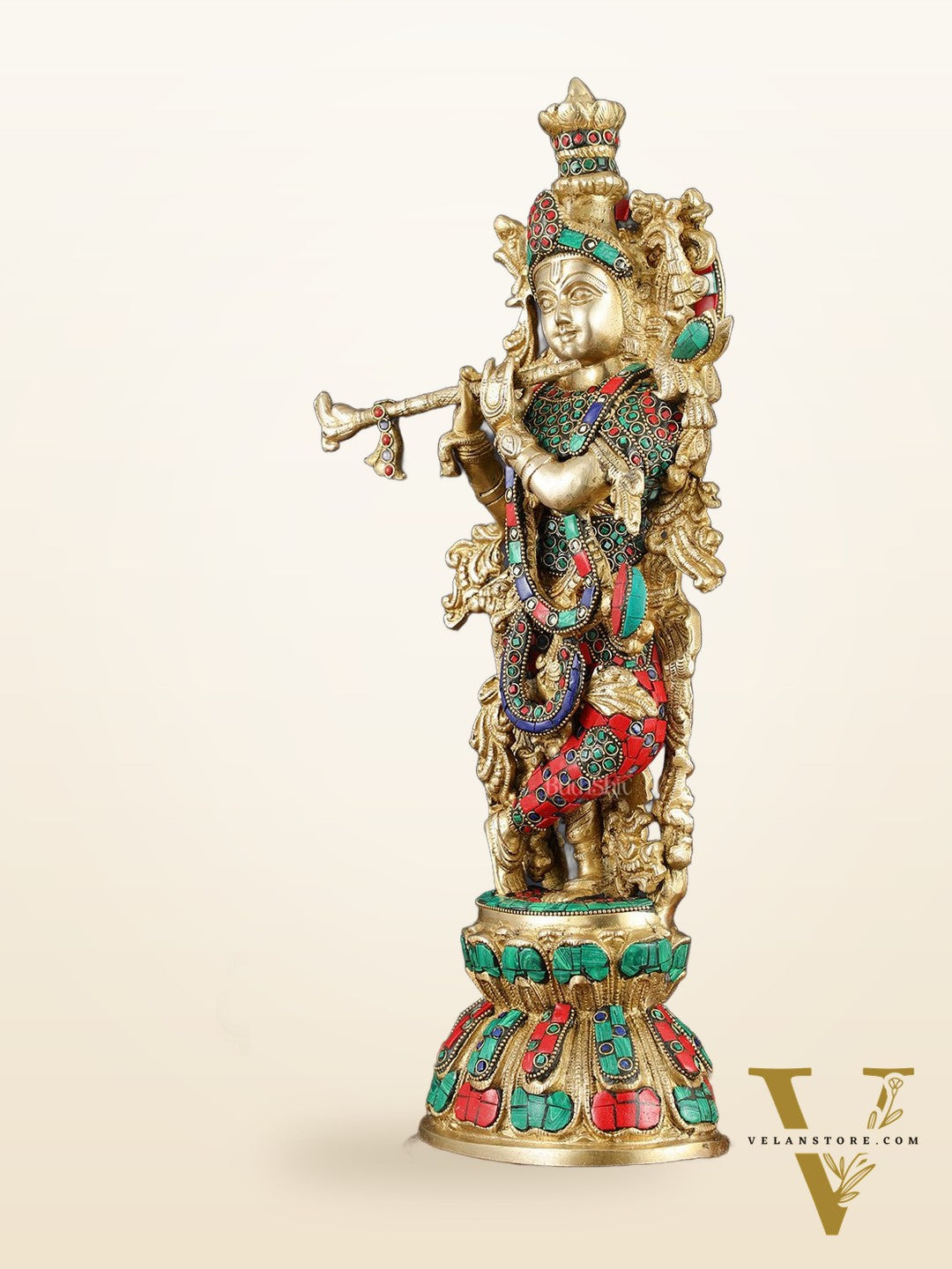 Brass Krishna Statue with Semi-Precious Stones – 18" Height, Fine Quality