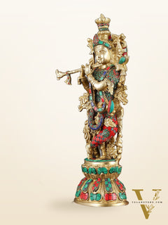 Brass Krishna Statue with Semi-Precious Stones – 18" Height, Fine Quality
