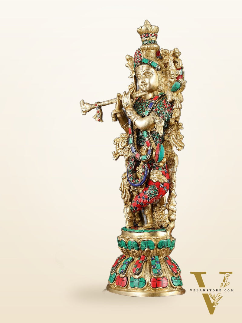 Brass Krishna Statue with Semi-Precious Stones – 18" Height, Fine Quality