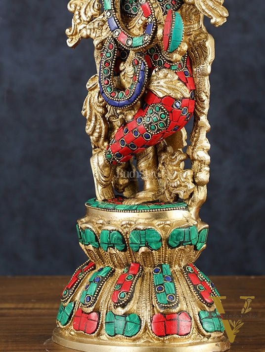 Brass Krishna Statue with Semi-Precious Stones – 18" Height, Fine Quality
