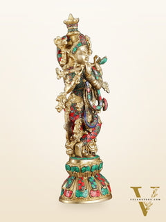Brass Krishna Statue with Semi-Precious Stones – 18" Height, Fine Quality