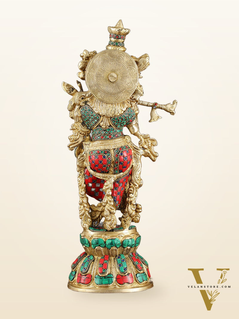 Brass Krishna Statue with Semi-Precious Stones – 18" Height, Fine Quality