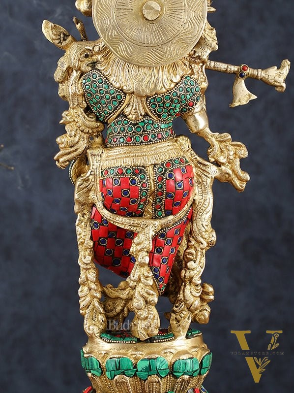 Brass Krishna Statue with Semi-Precious Stones – 18" Height, Fine Quality