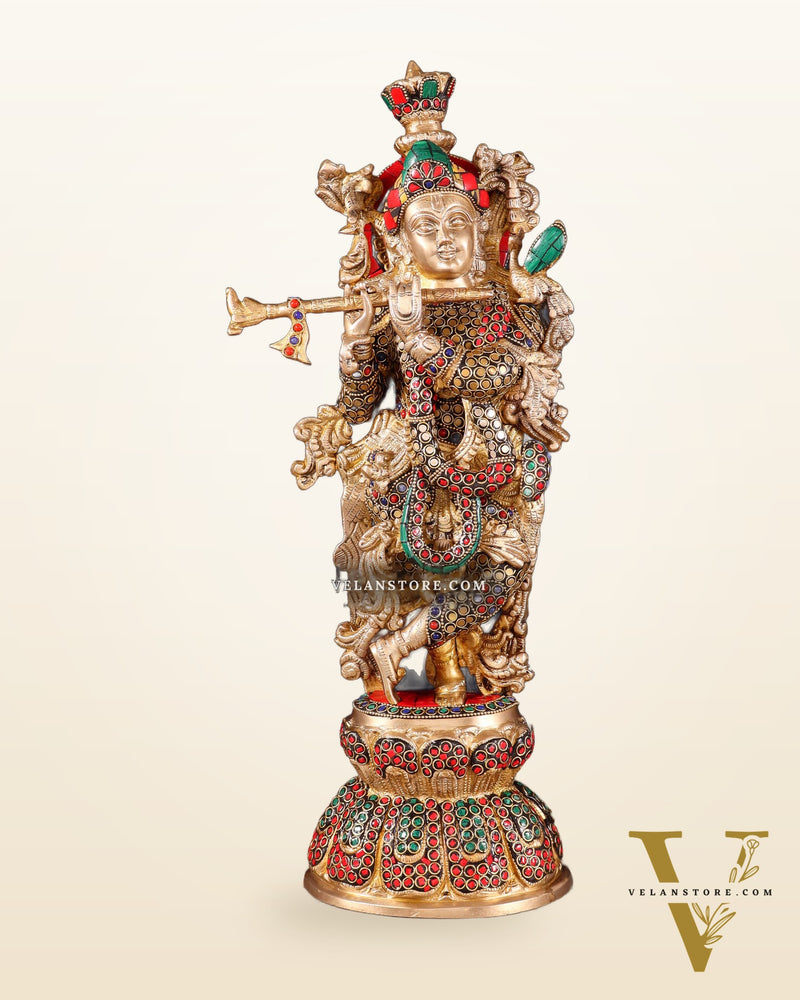 Brass Krishna Statue with stonework | 18 inch