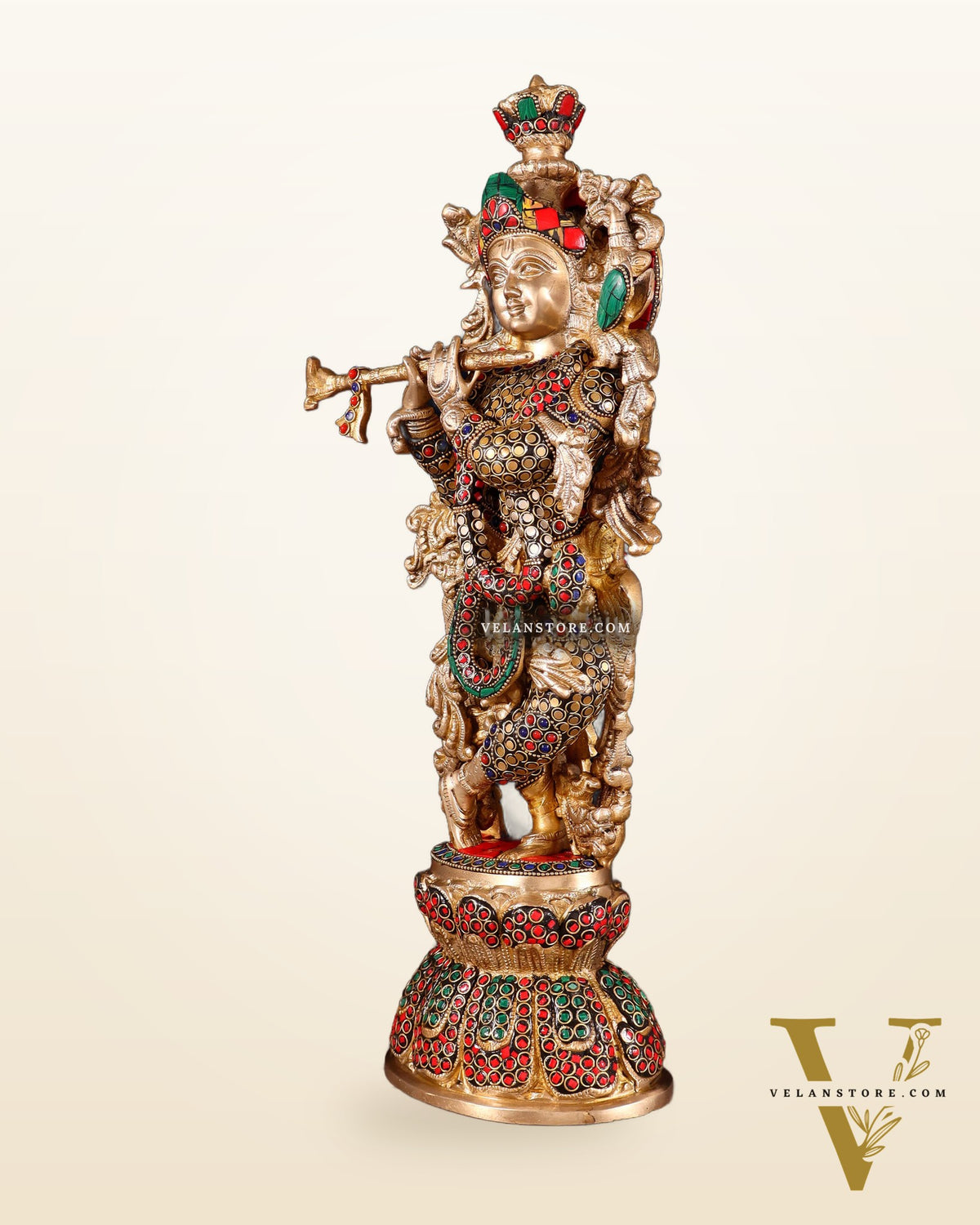 Brass Krishna Statue with stonework | 18 inch