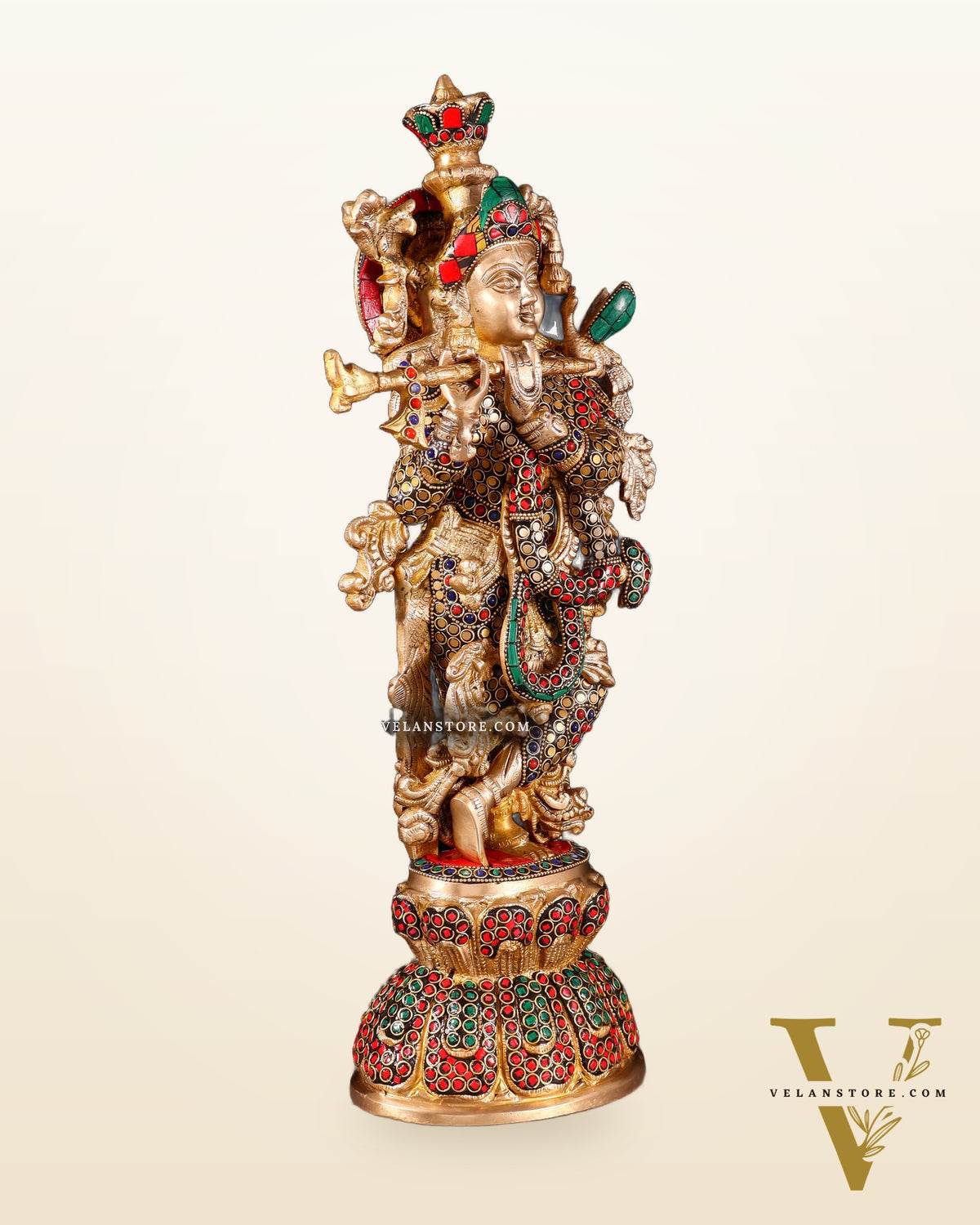 Brass Krishna Statue with stonework | 18 inch