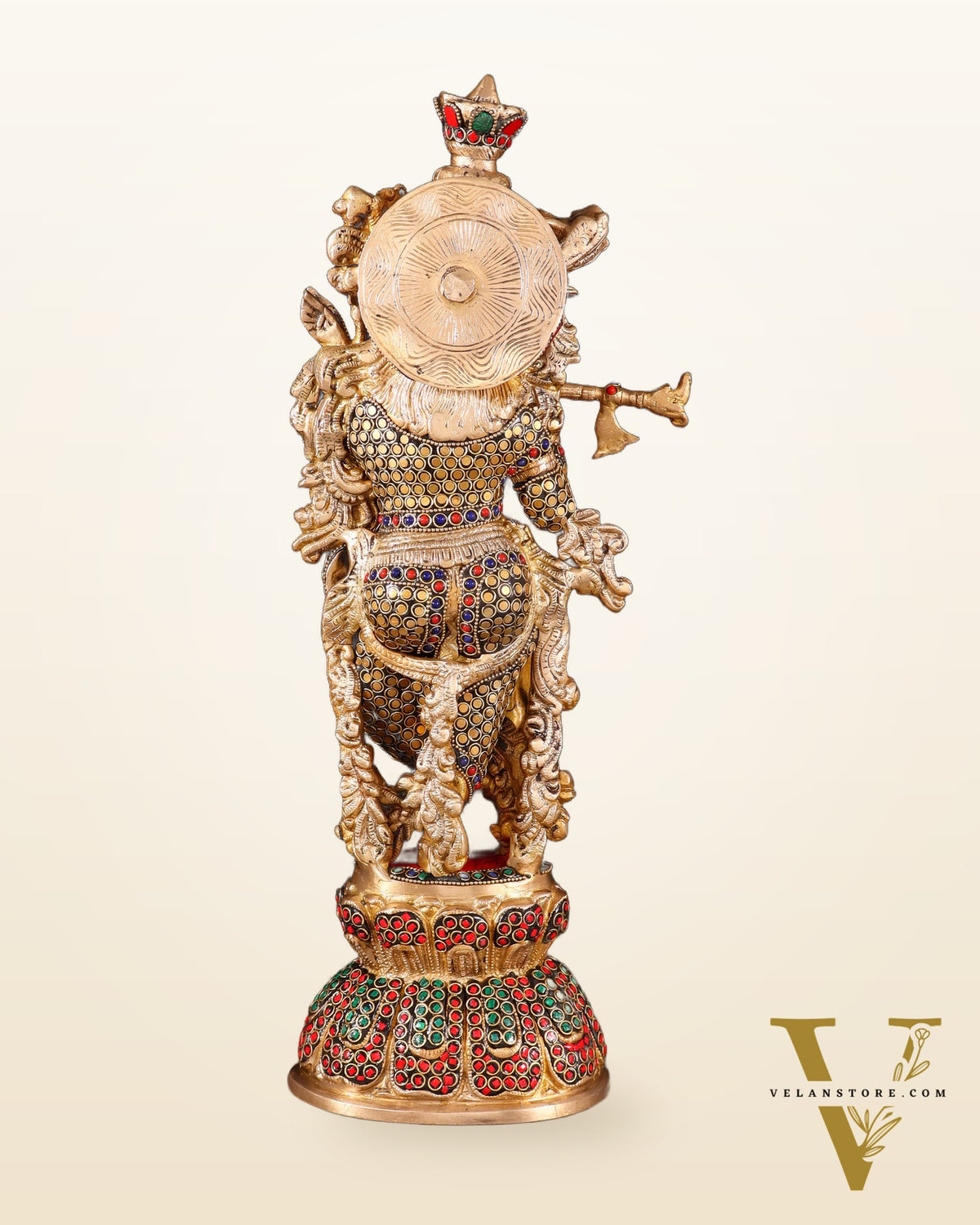 Brass Krishna Statue with stonework | 18 inch