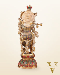 Brass Krishna Statue with stonework | 18 inch
