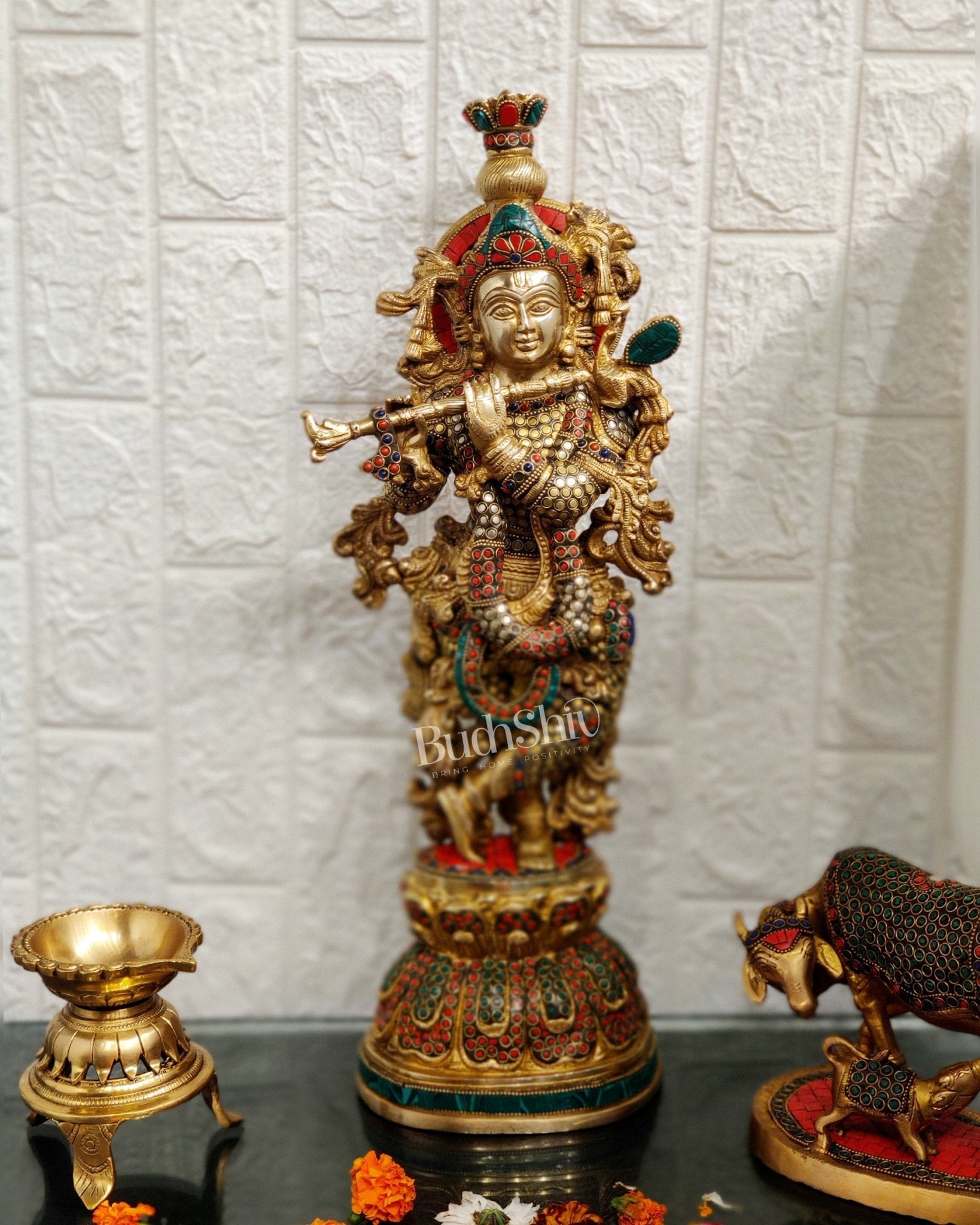 Brass Krishna studded with stones 21 "