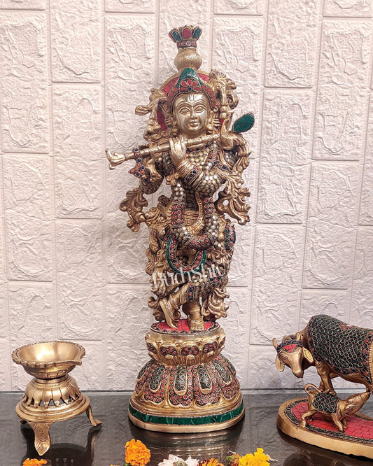 Brass Krishna studded with stones 21 "