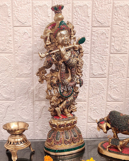 Brass Krishna studded with stones 21 "