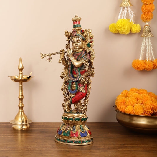 Exquisite Pure Brass Handcrafted Krishna Statue - 21"