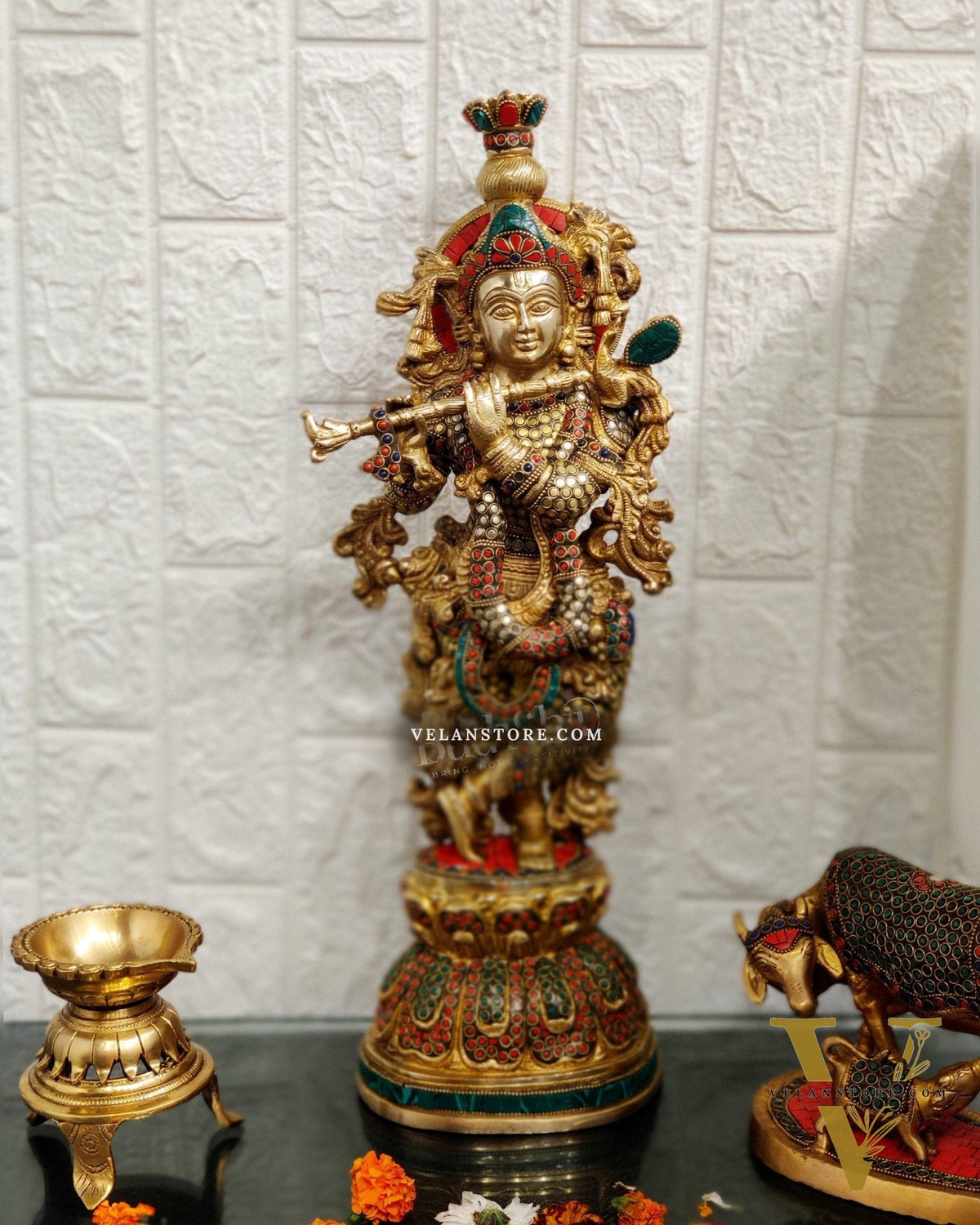 Brass Krishna studded with stones 21 "