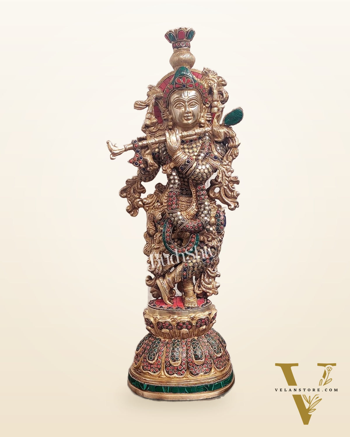 Brass Krishna studded with stones 21 "