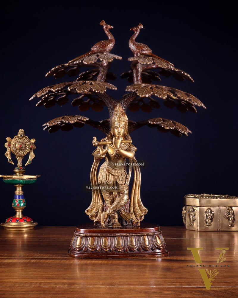 Brass Krishna Under Kadamba Tree Statue 16"