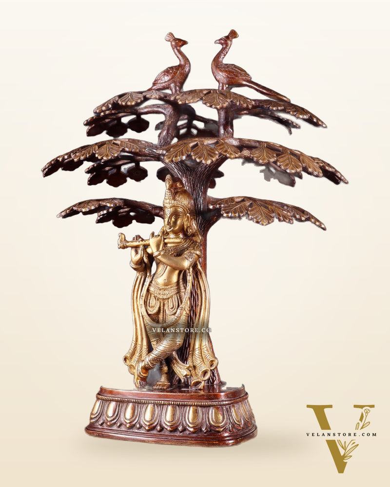 Brass Krishna Under Kadamba Tree Statue 16"
