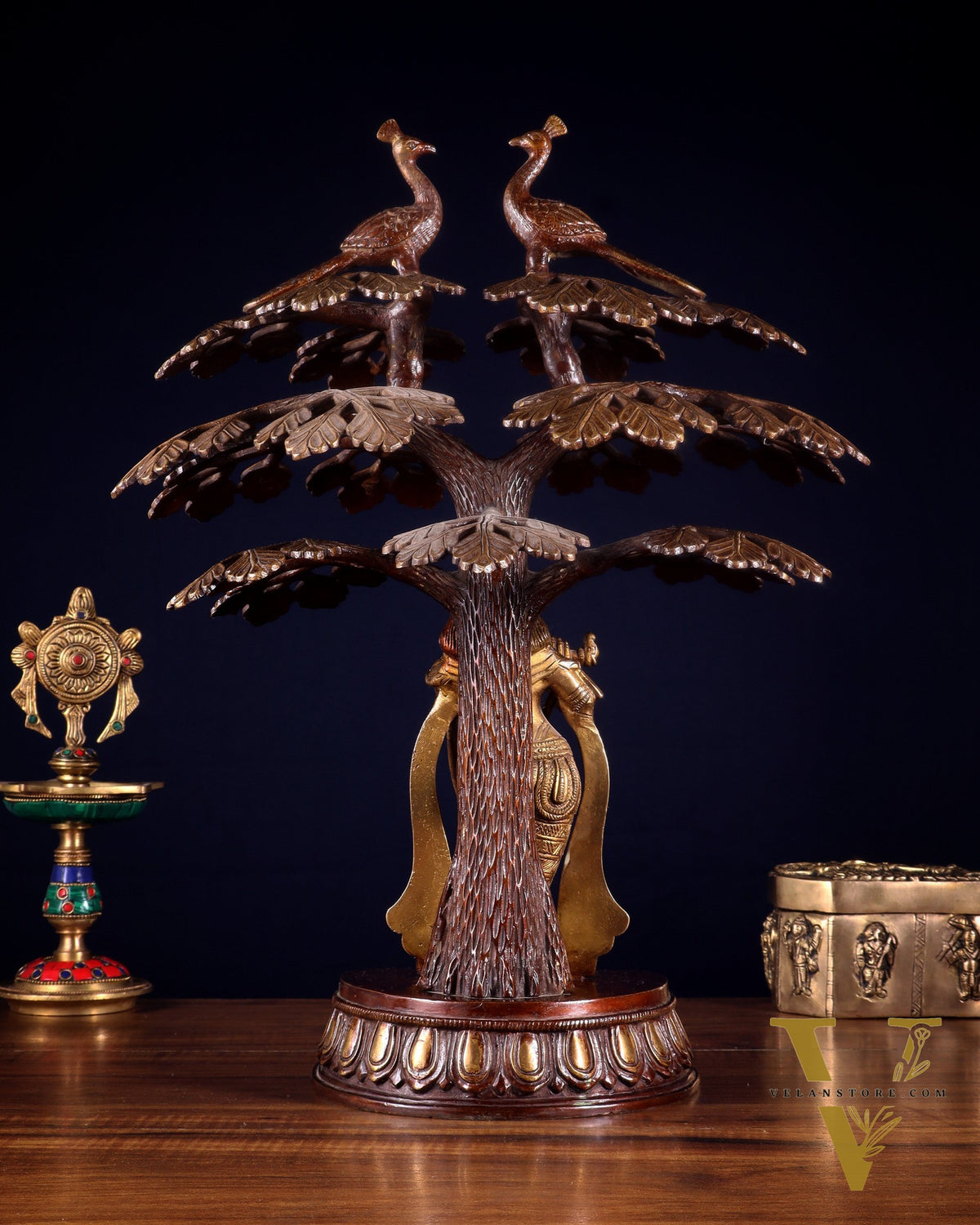 Brass Krishna Under Kadamba Tree Statue 16"