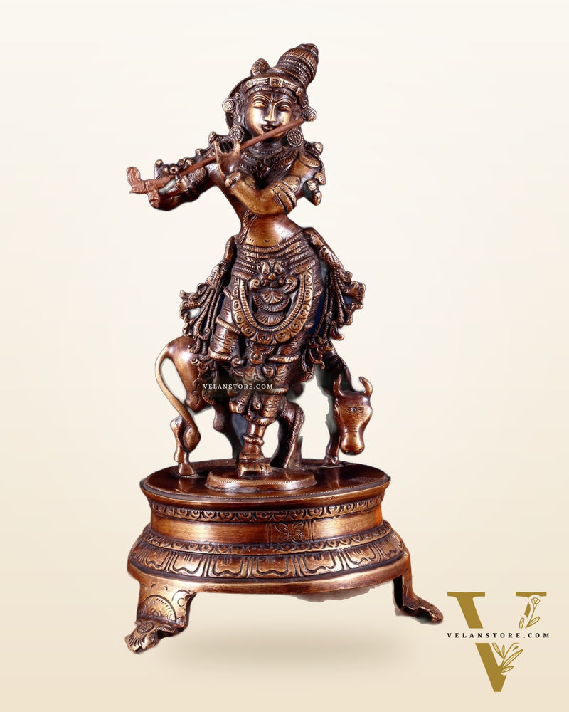 Brass Krishna with Cow 10.5 inch antique burnt tone