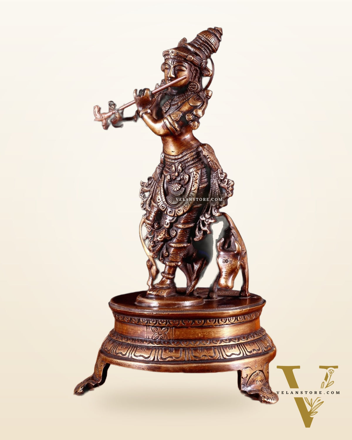 Brass Krishna with Cow 10.5 inch antique burnt tone
