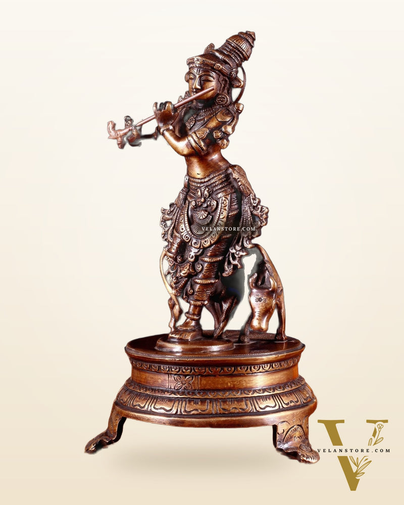 Brass Krishna with Cow 10.5 inch antique burnt tone