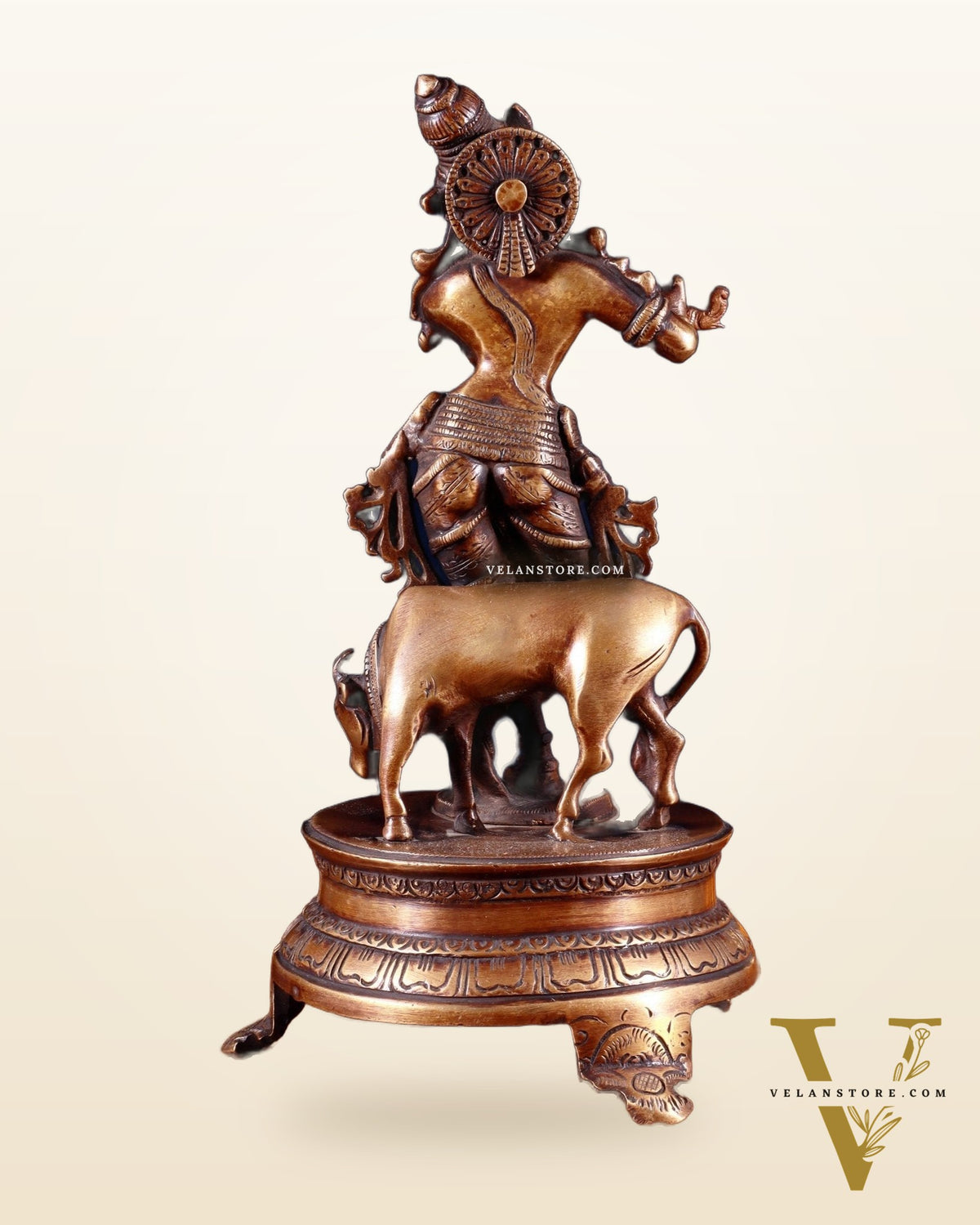 Brass Krishna with Cow 10.5 inch antique burnt tone