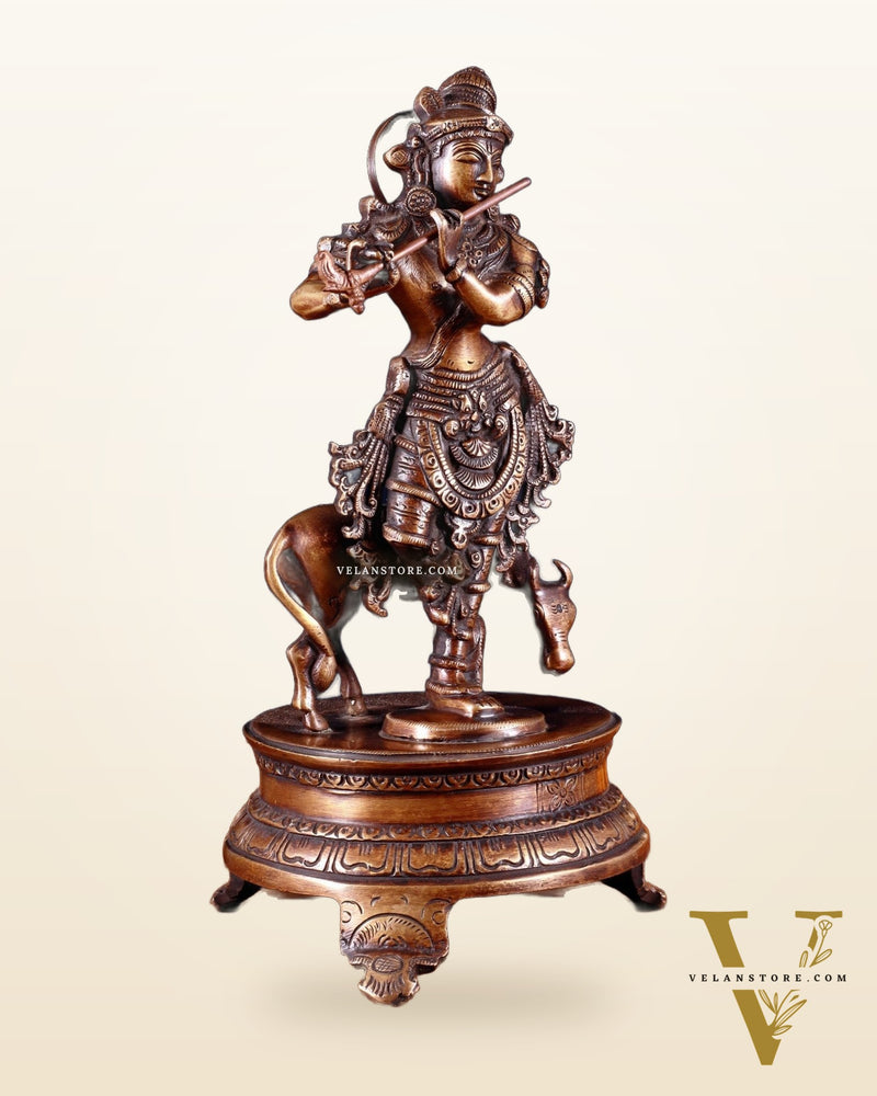 Brass Krishna with Cow 10.5 inch antique burnt tone