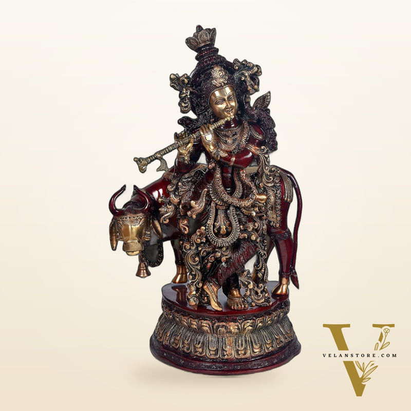 Brass Krishna With Cow 28"