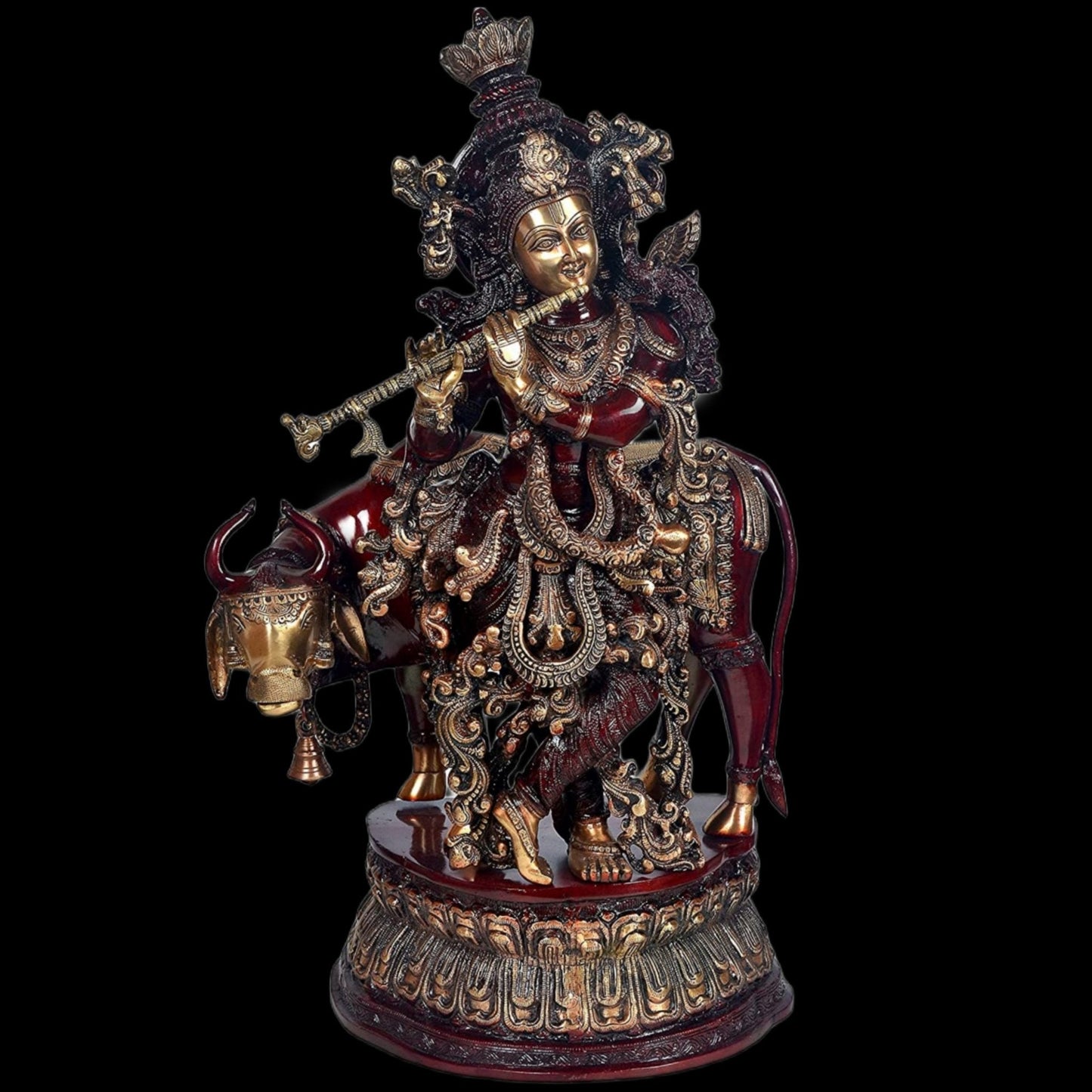 Brass Krishna With Cow 28"