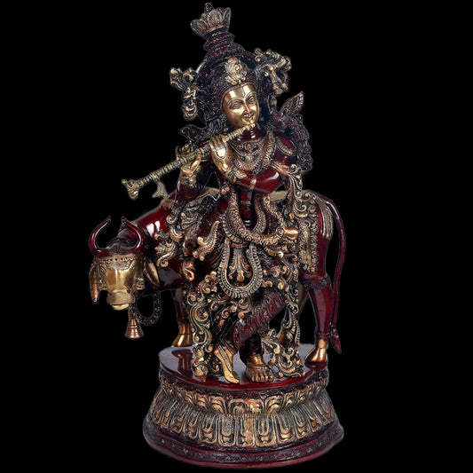Brass Krishna With Cow 28"