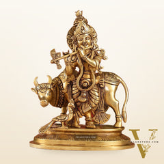 Brass Krishna with Cow and peacock idol 13"