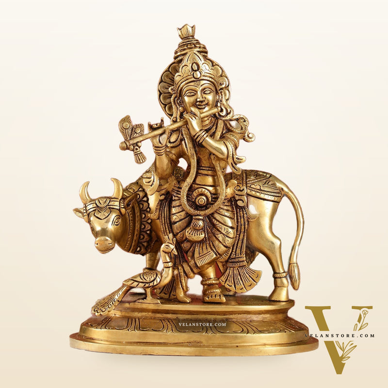 Brass Krishna with Cow and peacock idol 13"