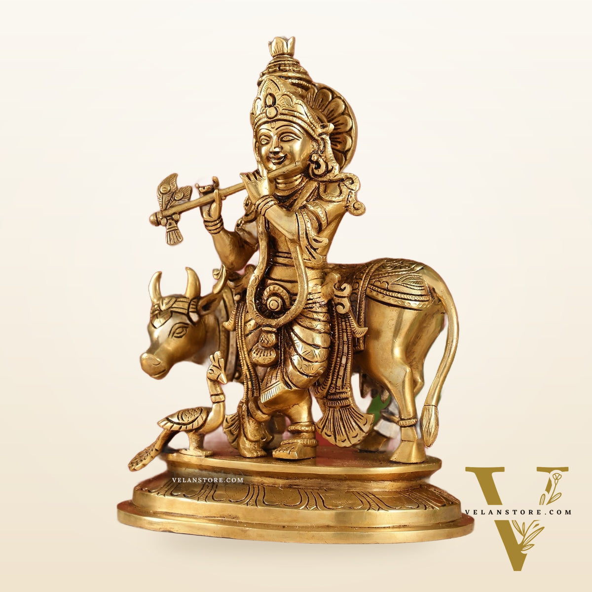 Brass Krishna with Cow and peacock idol 13"