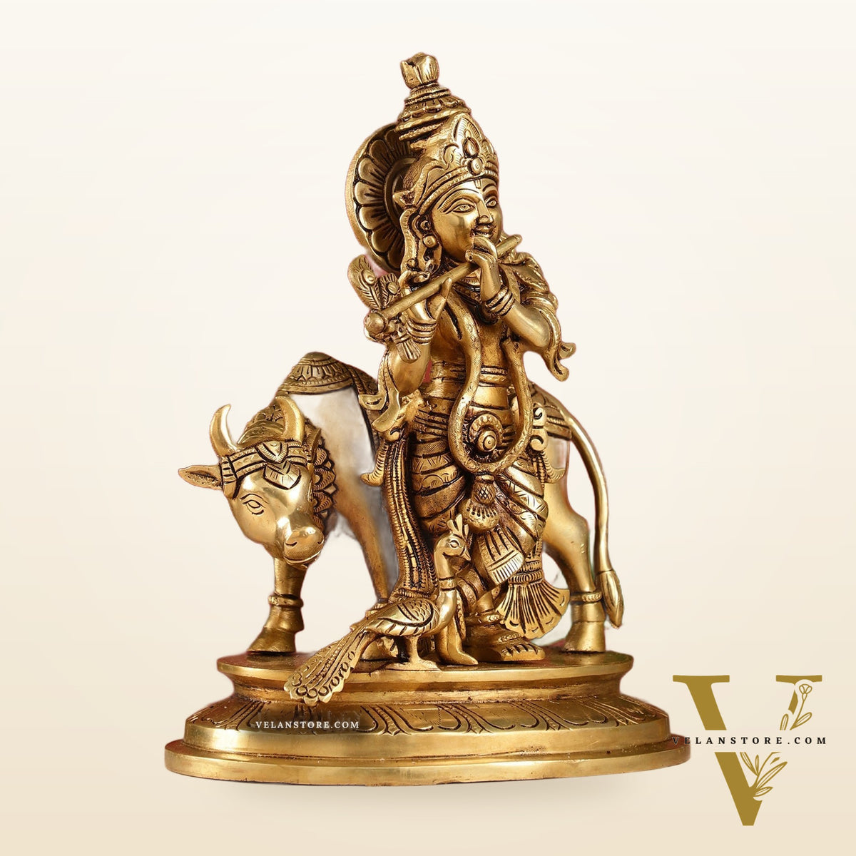 Brass Krishna with Cow and peacock idol 13"