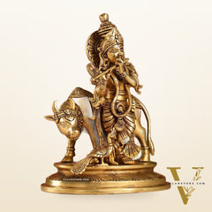Brass Krishna with Cow and peacock idol 13"