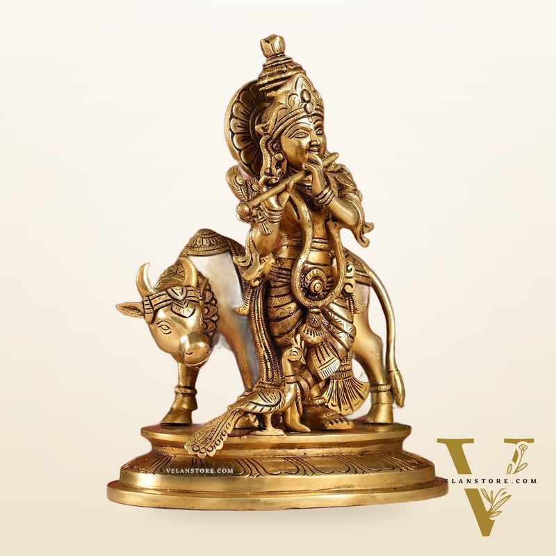 Brass Krishna with Cow and peacock idol 13"