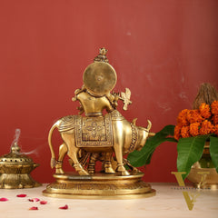 Brass Krishna with Cow and peacock idol 13"