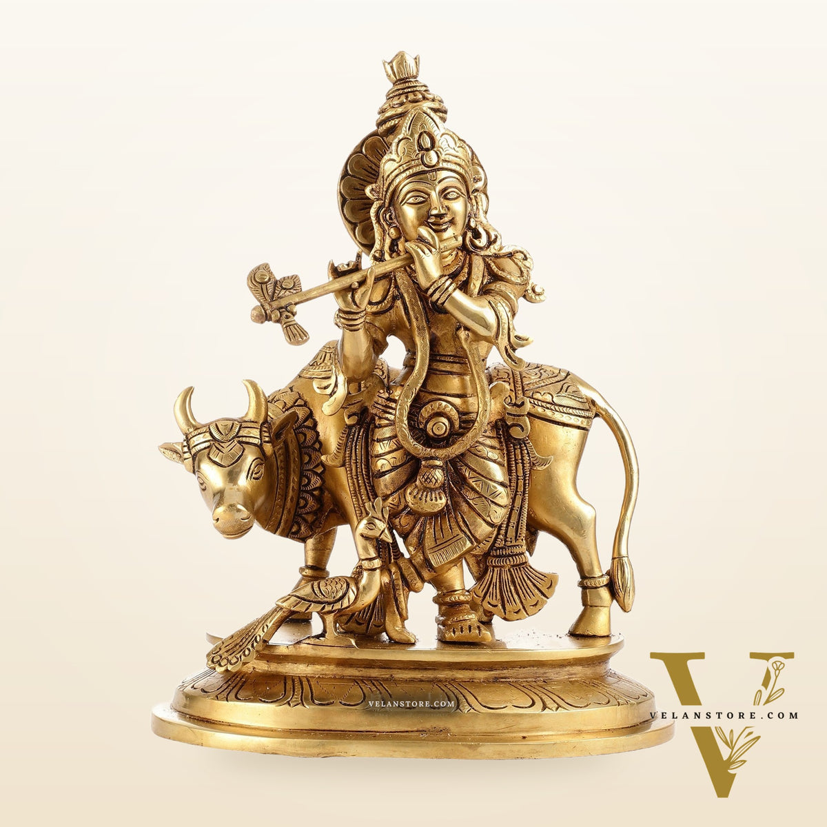 Brass Krishna with Cow and peacock idol 13"