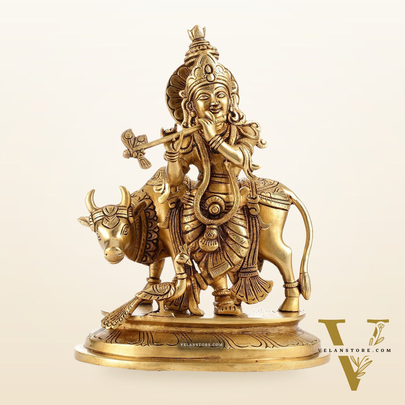 Brass Krishna with Cow and peacock idol 13"