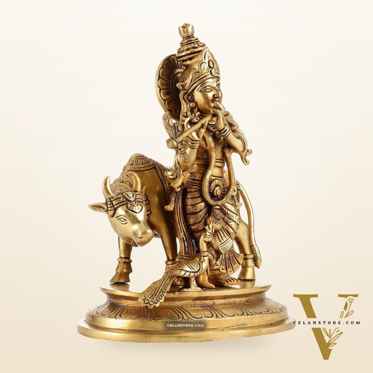 Brass Krishna with Cow and peacock idol 13"