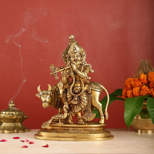 Brass Krishna with Cow and peacock idol 13"