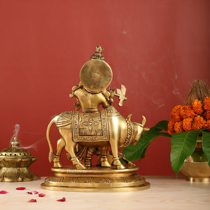 Brass Krishna with Cow and peacock idol 13"