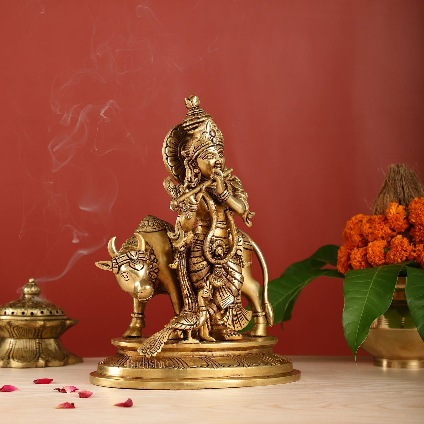 Brass Krishna with Cow and peacock idol 13"