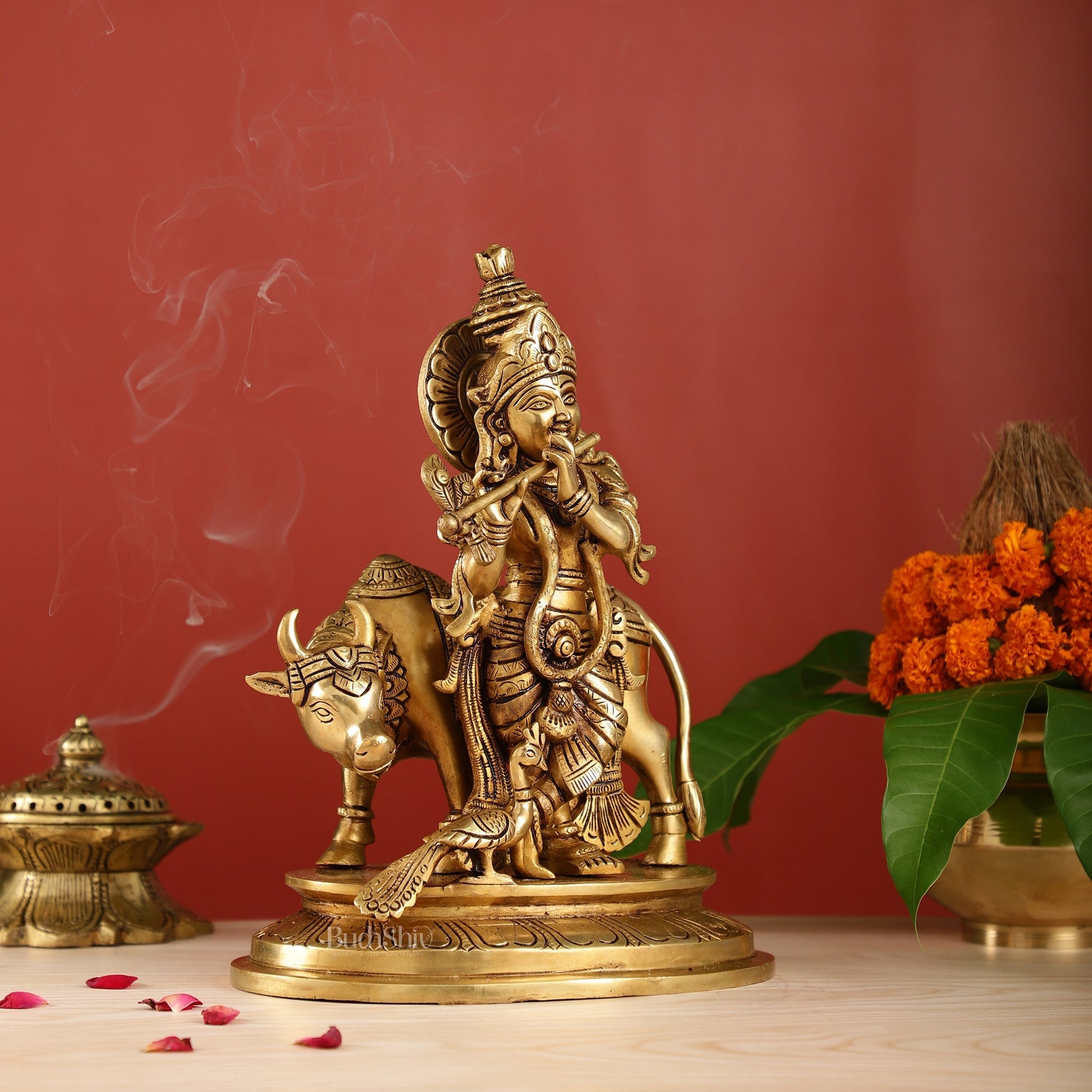 Brass Krishna with Cow and peacock idol 13"