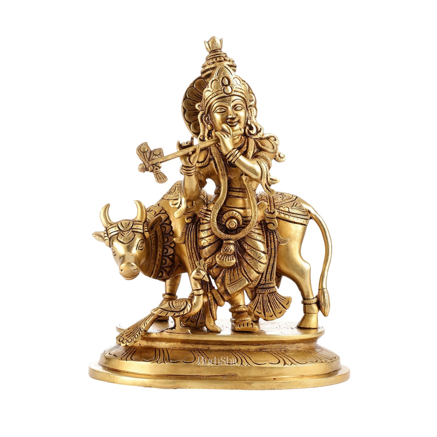 Brass Krishna with Cow and peacock idol 13"