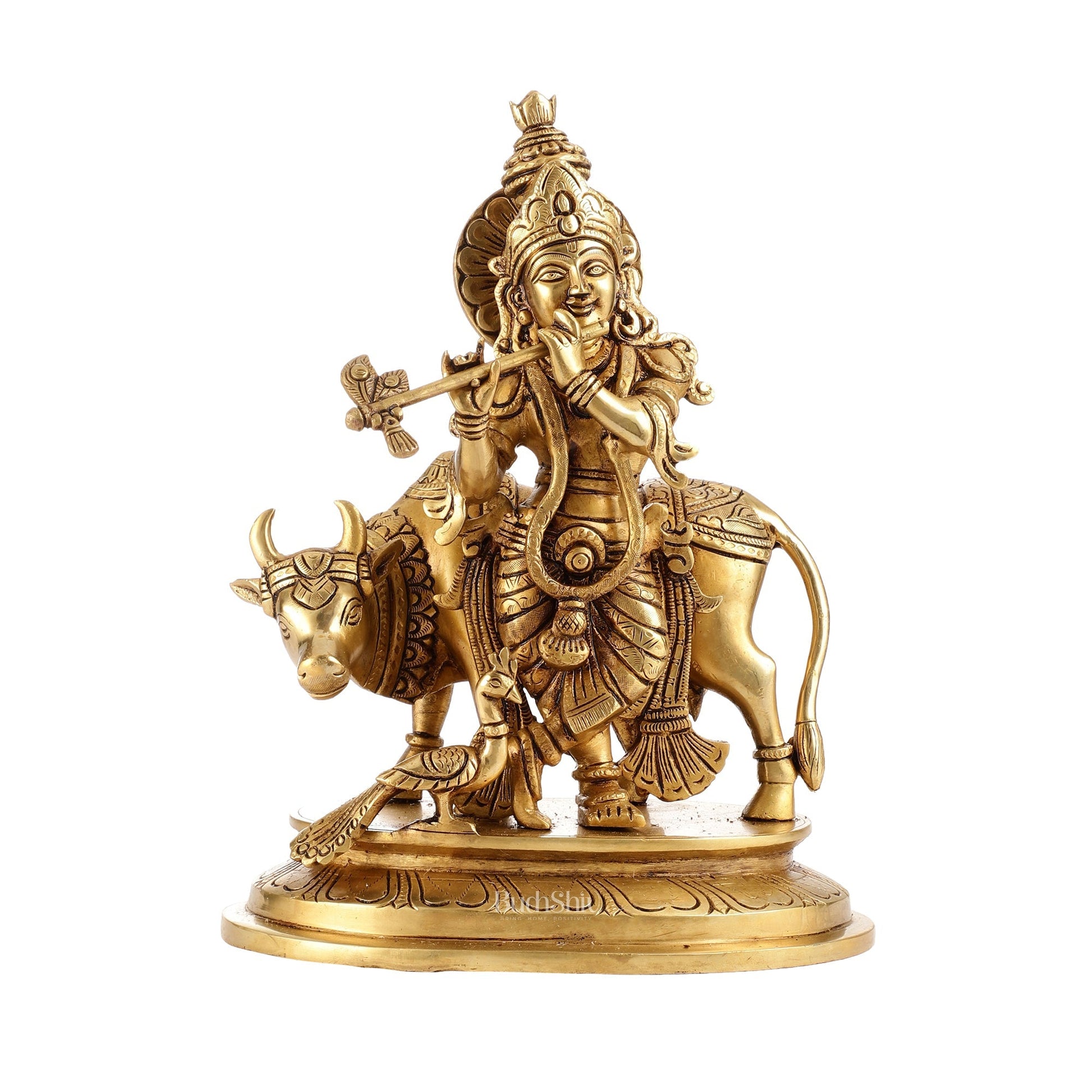 Brass Krishna with Cow and peacock idol 13"