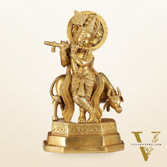 Brass Krishna with cow idol 10 inch