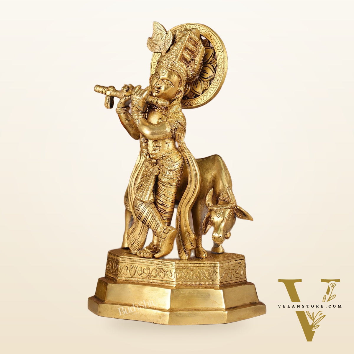 Brass Krishna with cow idol 10 inch