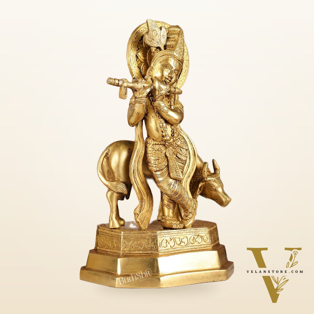 Brass Krishna with cow idol 10 inch