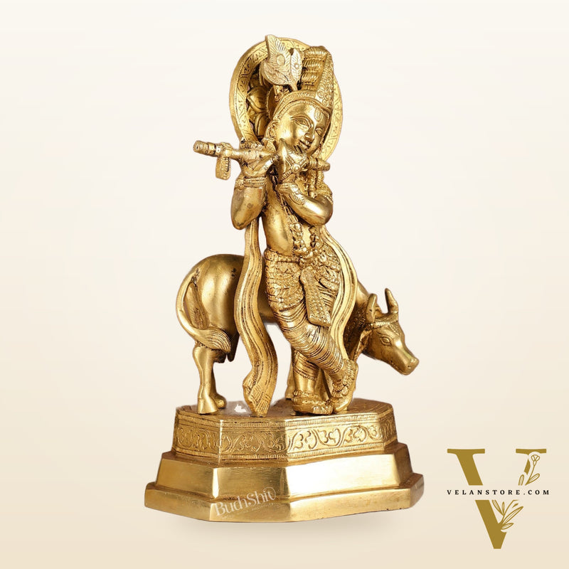 Brass Krishna with cow idol 10 inch