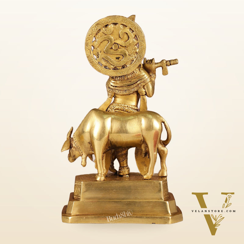 Brass Krishna with cow idol 10 inch